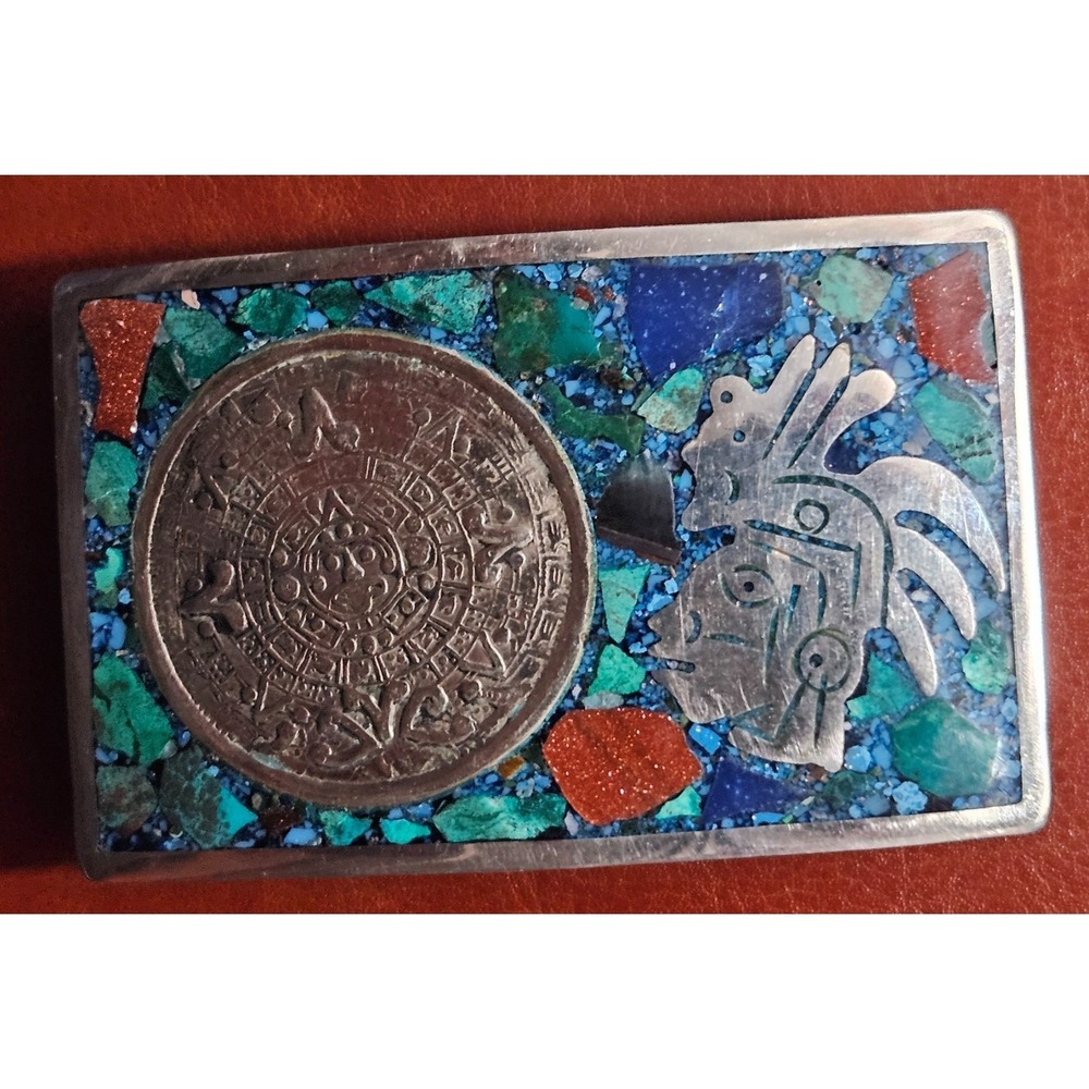 Vintage 75.3g Mexican Sterling Silver Mosaic Aztec Calendar Belt Buckle 925